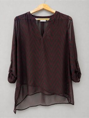 New York & Company NWT Medium Burgundy Black Chevron Sheer Tunic Blouse Hi Low